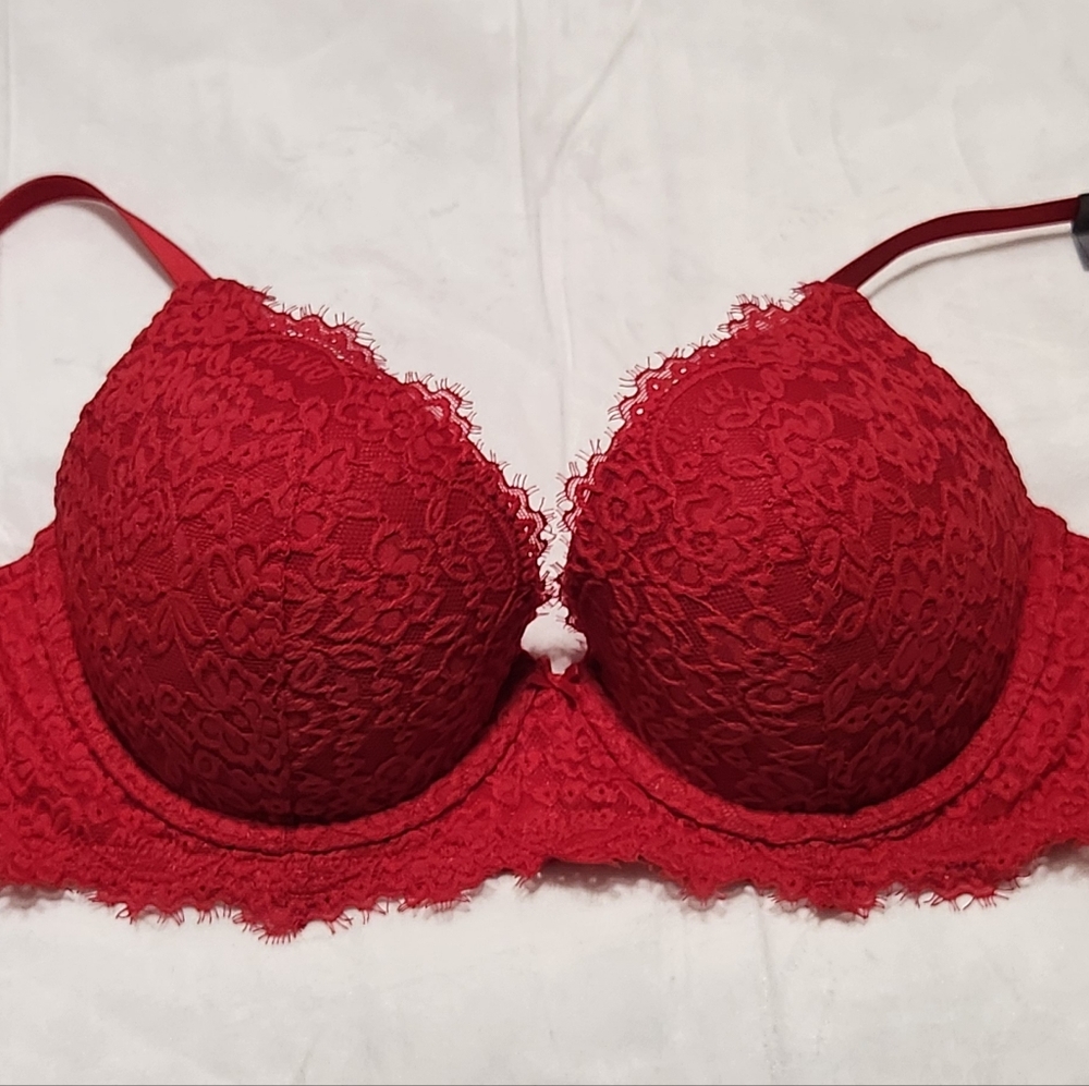 NWT Aerie Real Power Chili Red Plunge Push Up Bra Eyelash Lace Womens 32DD